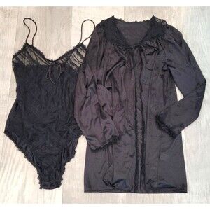 Vintage Sweet Dreams by Maidenform Black Lace Teddy Bodysuit & Sheer Robe Set S